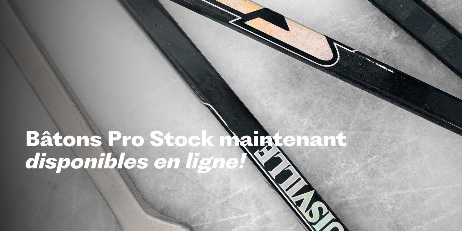 Hockey sticks on a textured surface with text 'Pro Stock Sticks now Available online!'.